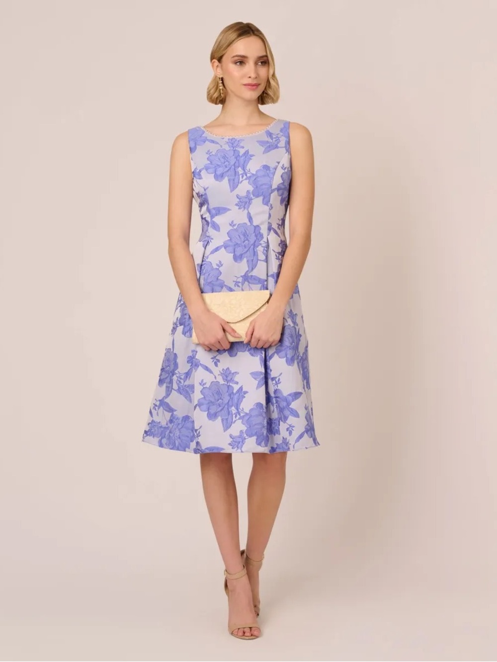 Adrianna Papell Floral Jacquard Fit And Flare Dress With Midi Skirt
